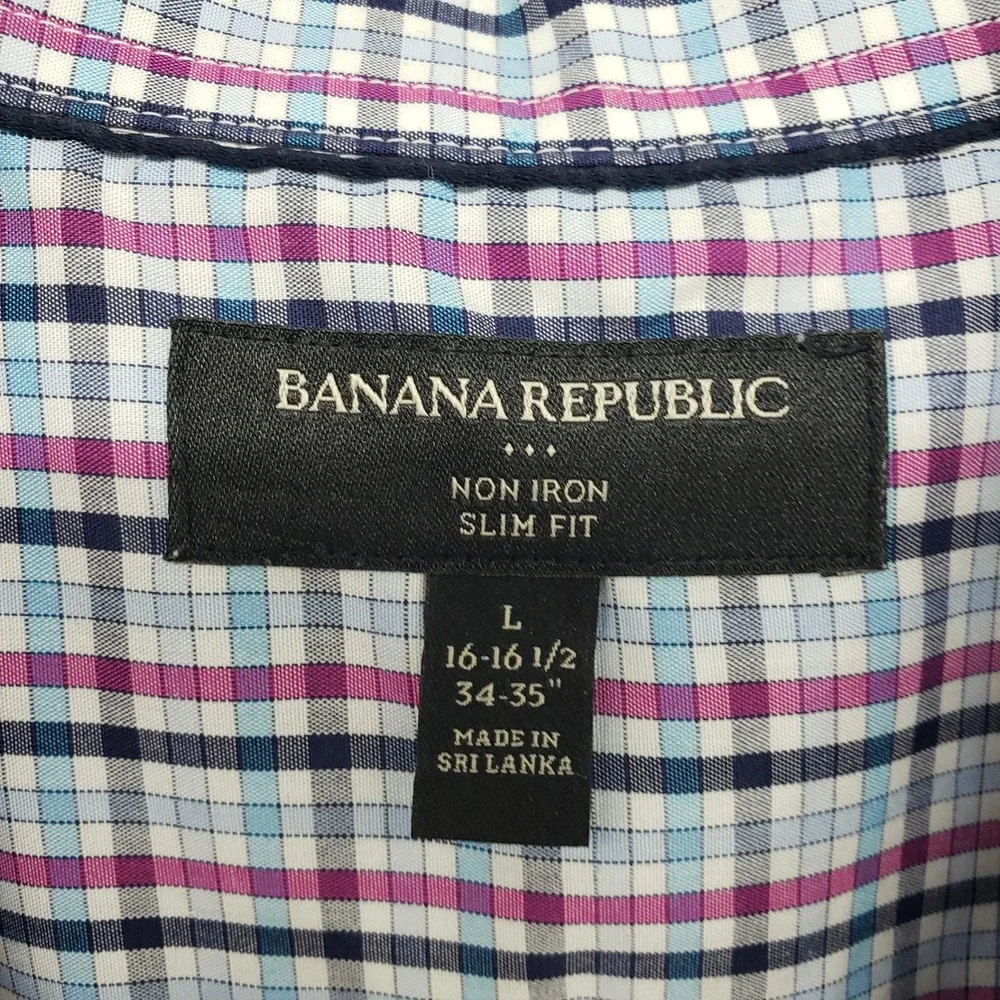 Banana Republic Plaid Button Down Shirt Mens Large Blue Purple Non-Iron Slim Fit